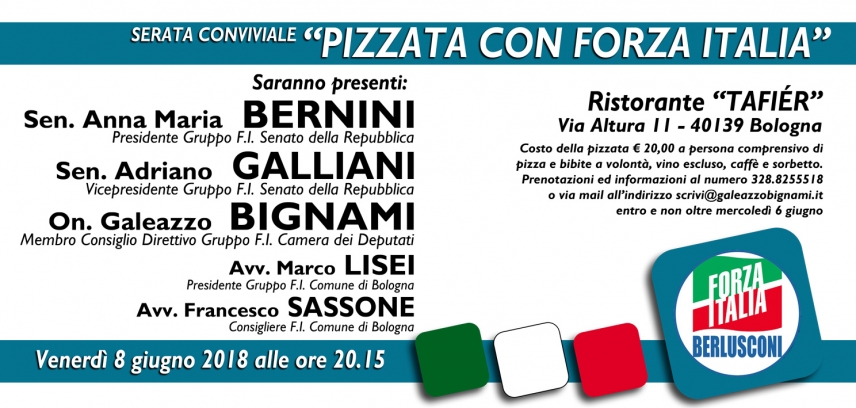 Venerdì 8 giugno, serata conviviale con Forza Italia con Bernini, Galliani e Bignami
